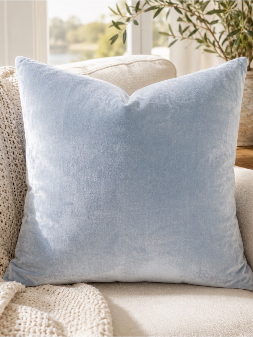 Crate & Barrel Brenner Light Blue Velvet Pillow Cover 20x20 Cotton